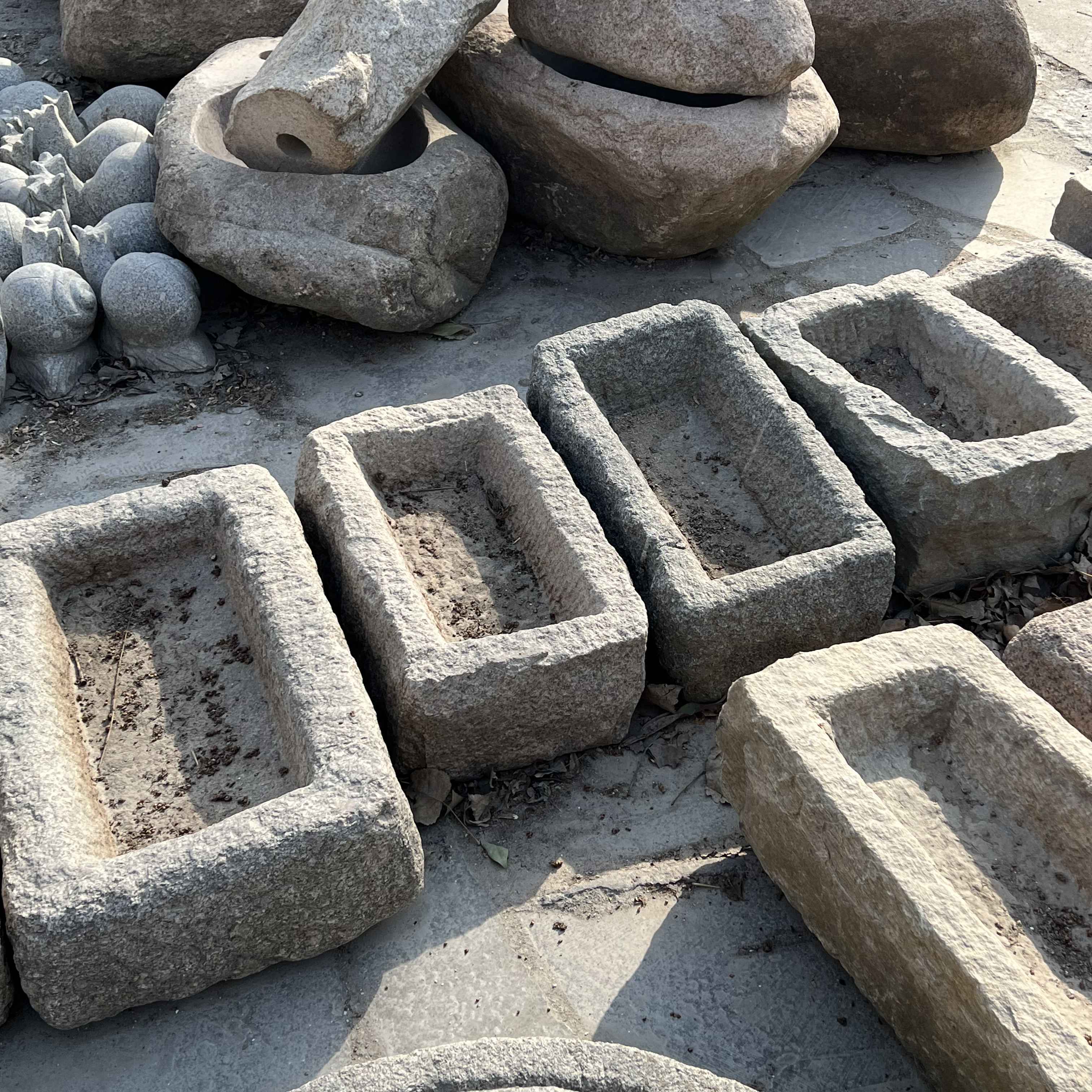 Old stone trough square small grey granite outdoor flower port