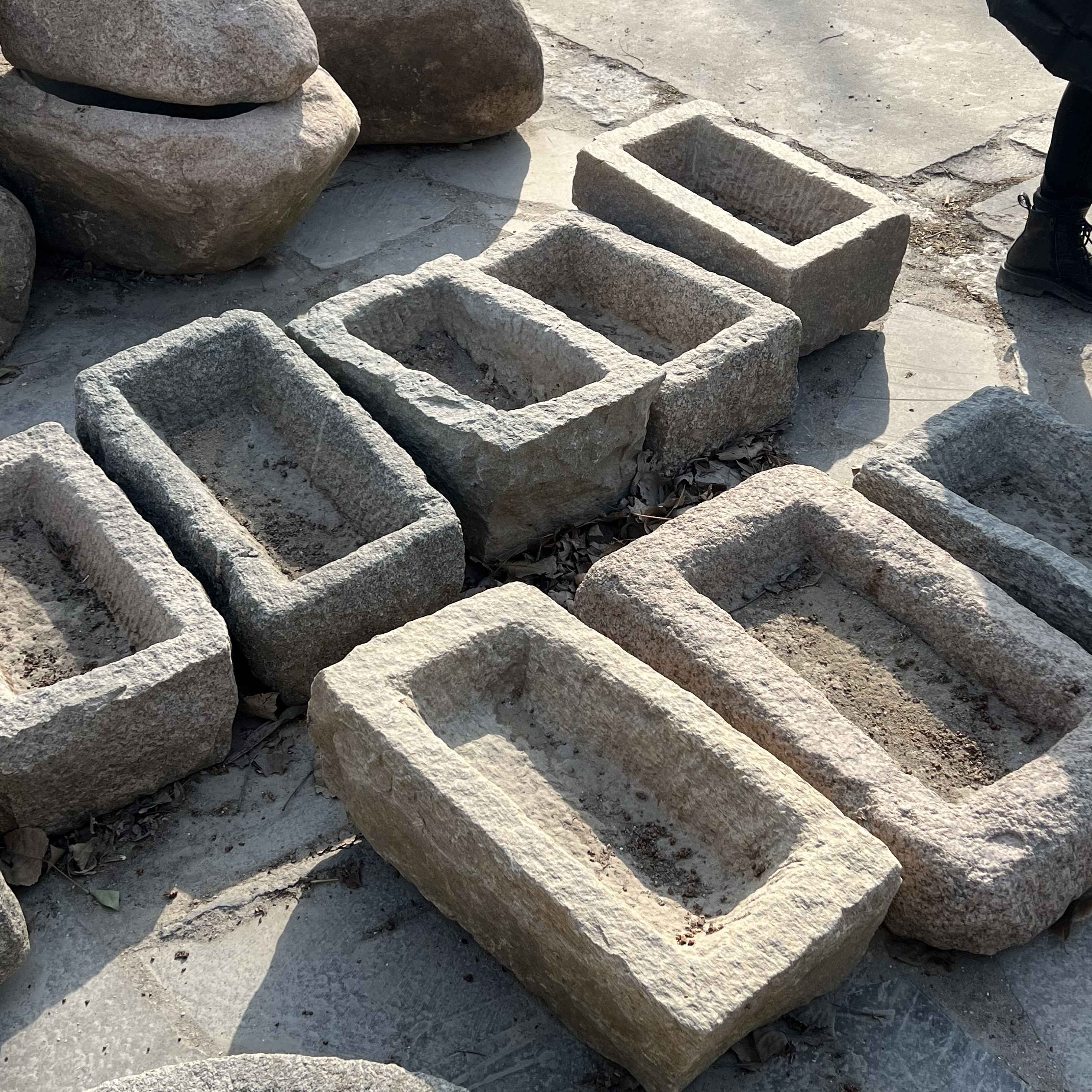 Old stone trough square small grey granite outdoor flower port