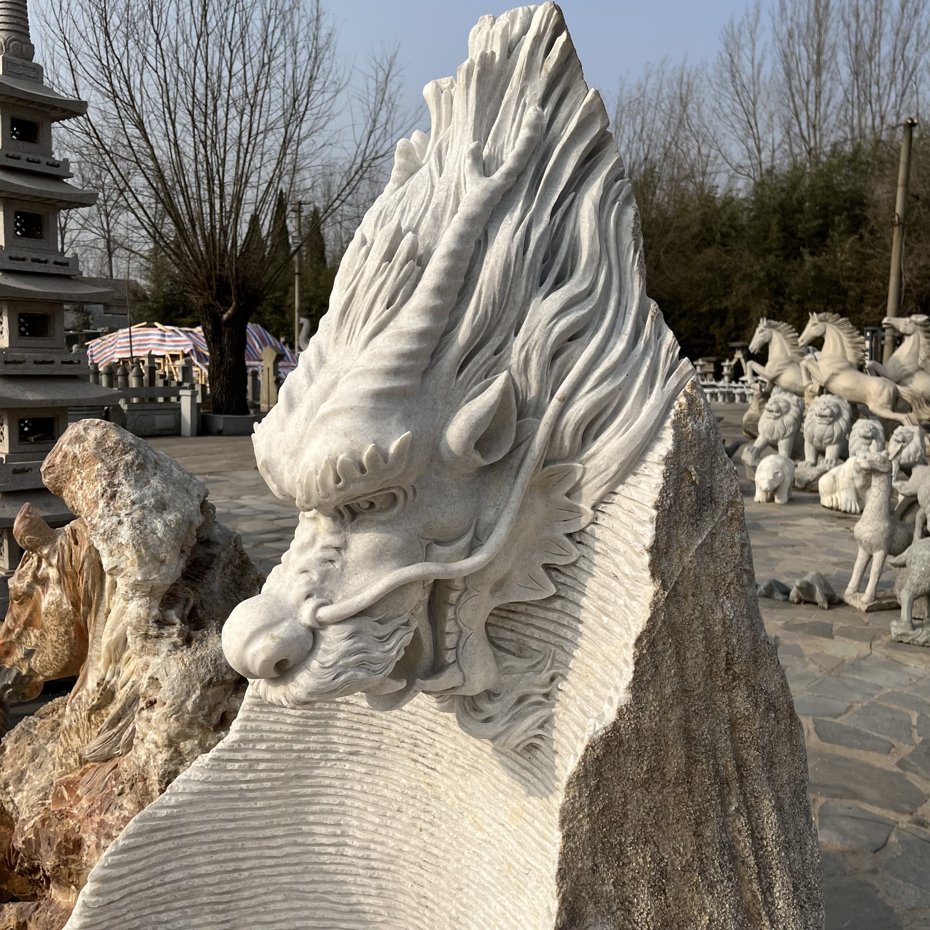 statue garden stone decoration marble antique stone outdoor water fountain dragon head fountain