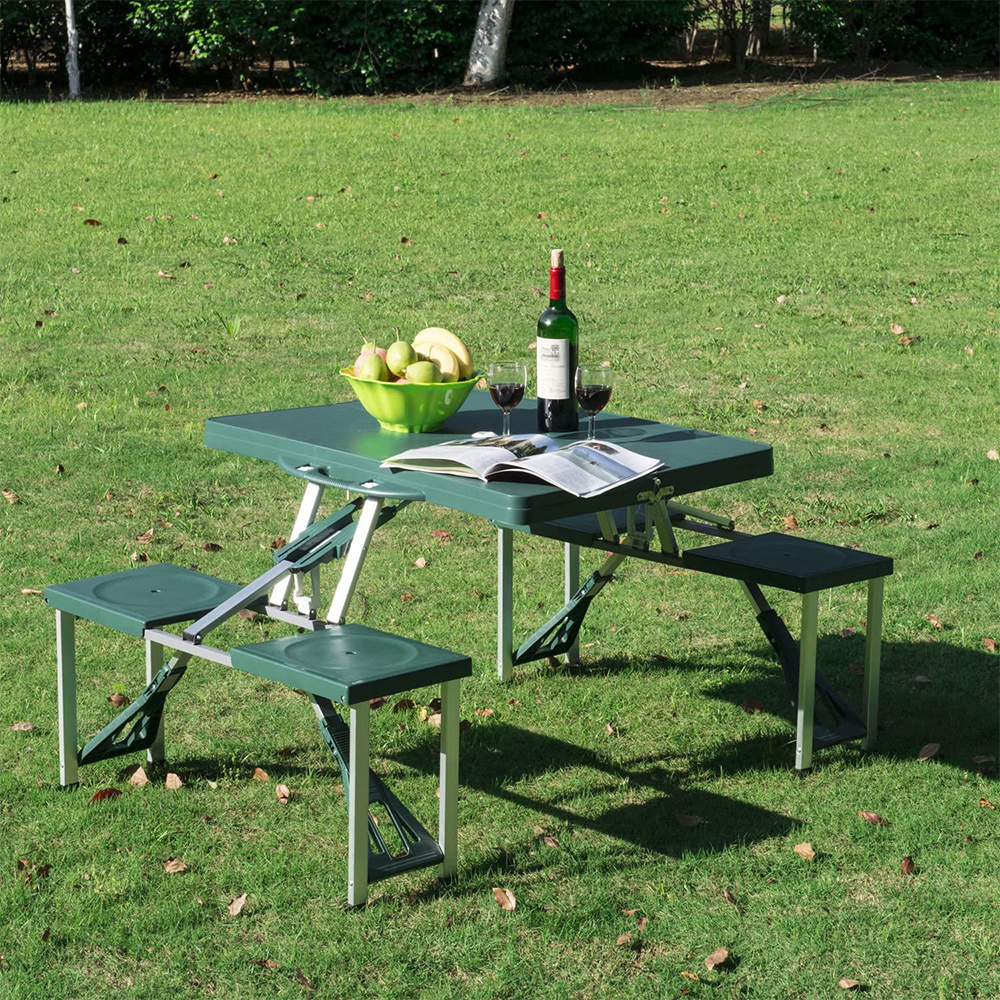 Garden green outdoor plastic folding bench table chairs and table set