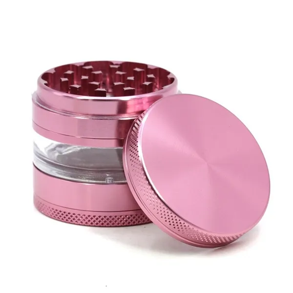 OEM Custom Logo Pink hot selling large 63MM aluminum alloy new four-layer transparent smoke grinder  accessories