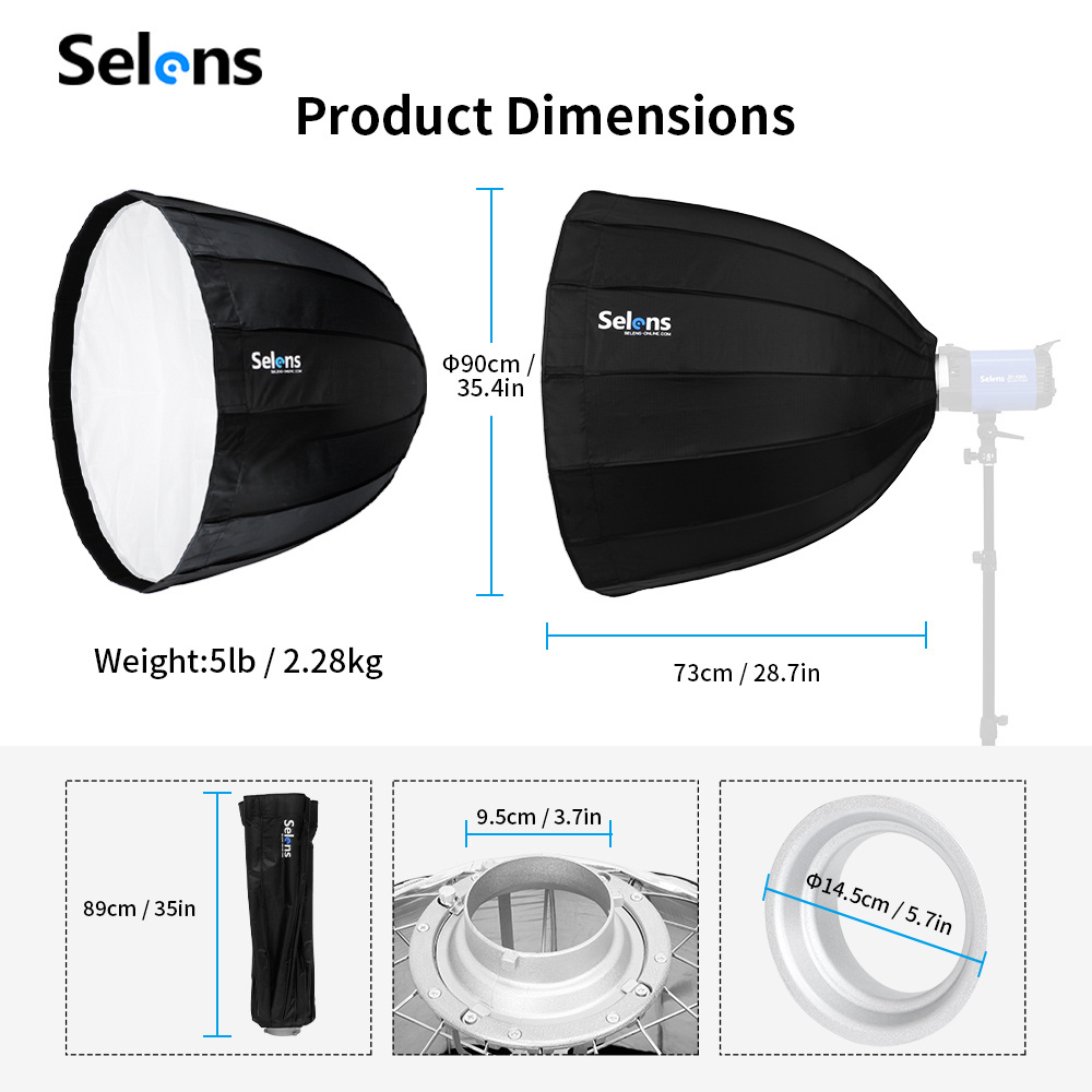 Selens 16 Rods Quick Release Deep Parabolic Softbox 70cm 90cm 120cm Quick Set up Folding Softbox with Diffusers Honeycomb Grid