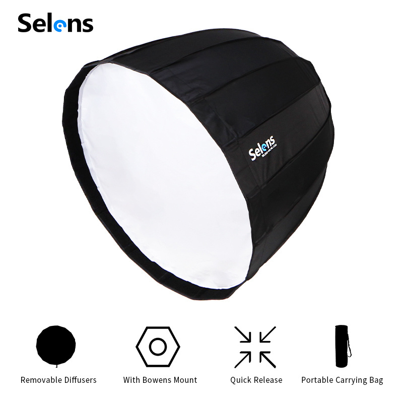 Selens 16 Rods Quick Release Deep Parabolic Softbox 70cm 90cm 120cm Quick Set up Folding Softbox with Diffusers Honeycomb Grid