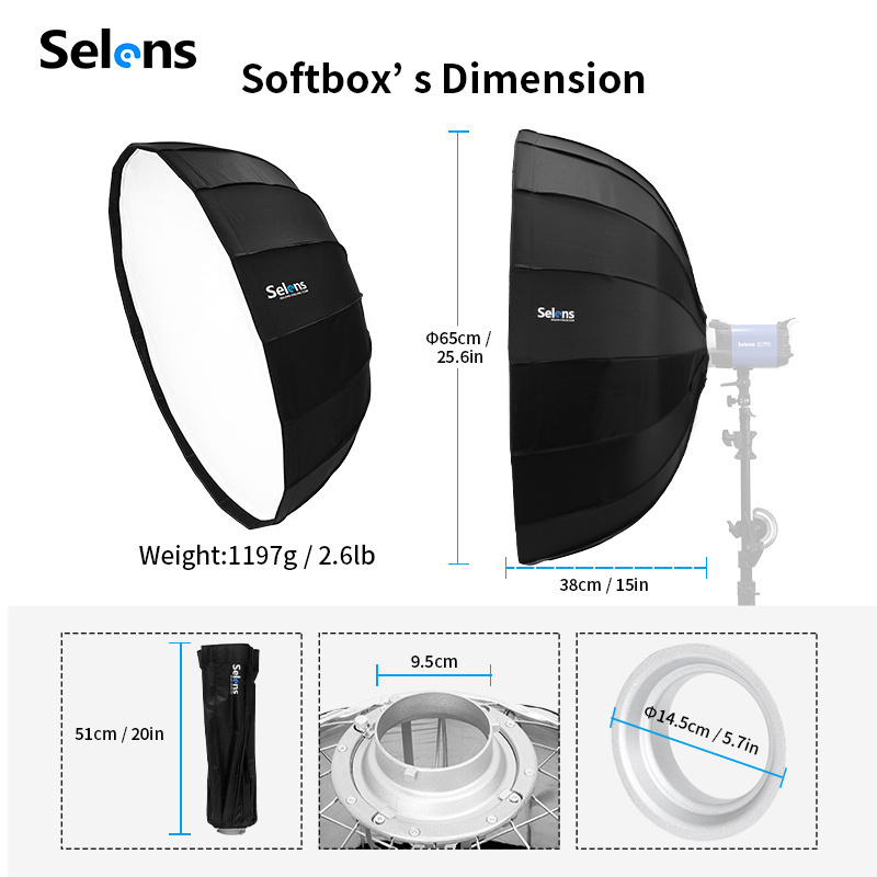 Selens 65cm 85cm 105cm 16 Rods Beauty Dish Softbox Quick Folding Portable with Bowens Mount for Studio Portrait Photography