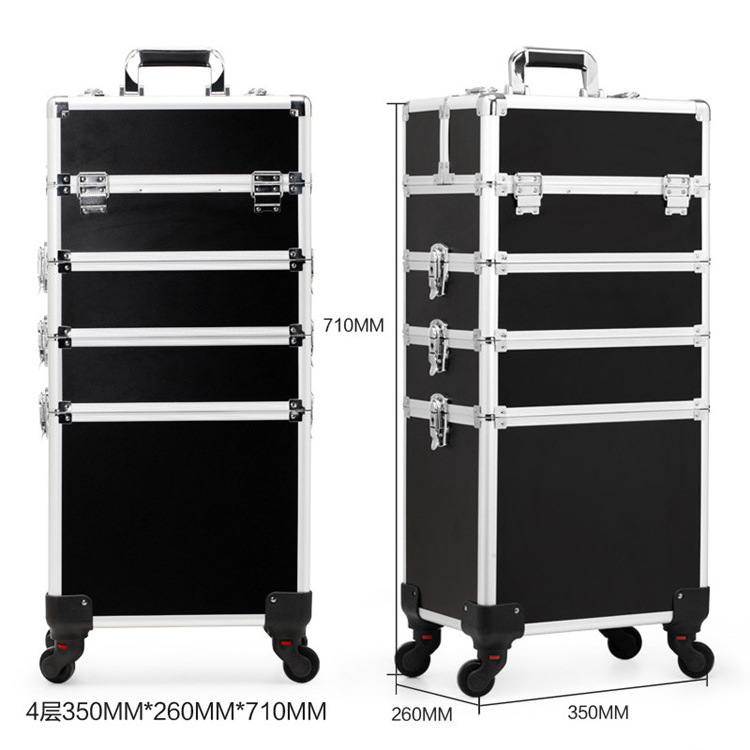 4 in 1 Professional Large Hard Aluminum Cosmetic Rolling Travel Barber Case Salon Lockable Trolley Makeup Train Case with Wheels