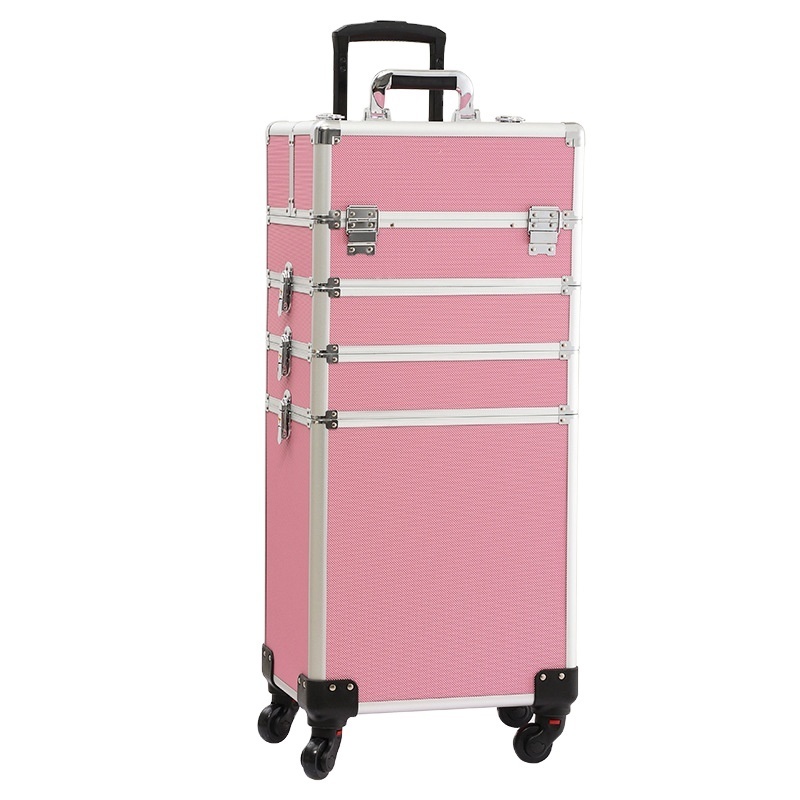 4 in 1 Professional Large Hard Aluminum Cosmetic Rolling Travel Barber Case Salon Lockable Trolley Makeup Train Case with Wheels