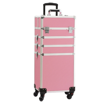 4 in 1 Professional Large Hard Aluminum Cosmetic Rolling Travel Barber Case Salon Lockable Trolley Makeup Train Case with Wheels