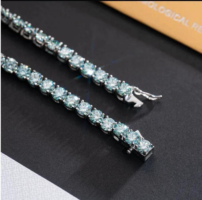 Mens hip hop jewelry 925 silver blue green moissanite tennis chain 3mm 4mm vvs diamond moissanite tennis necklace