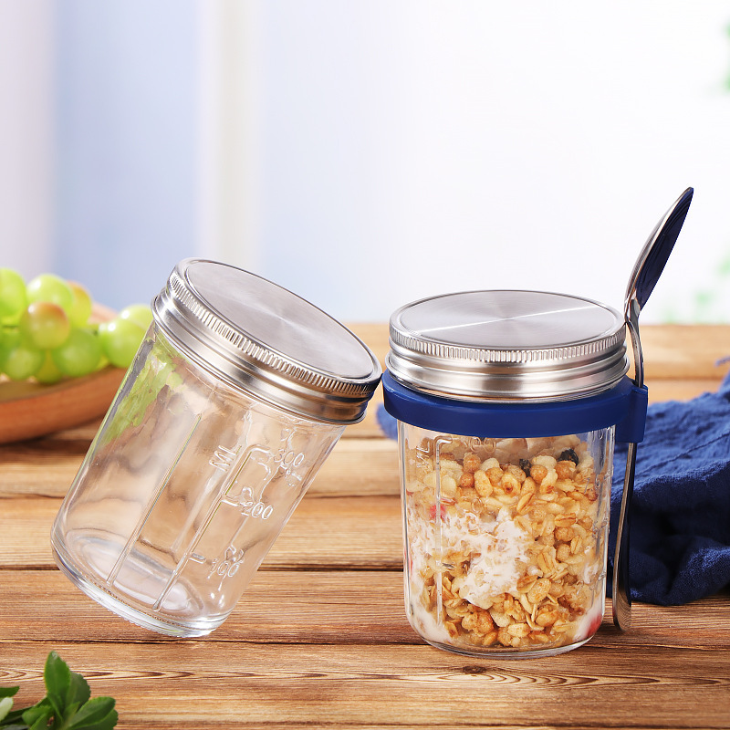 Overnight Oats Jar With Lids and Spoon Reusable 10 OZ Airtight Oatmeal Cup Container With Measurement Marks wholesale in bulk