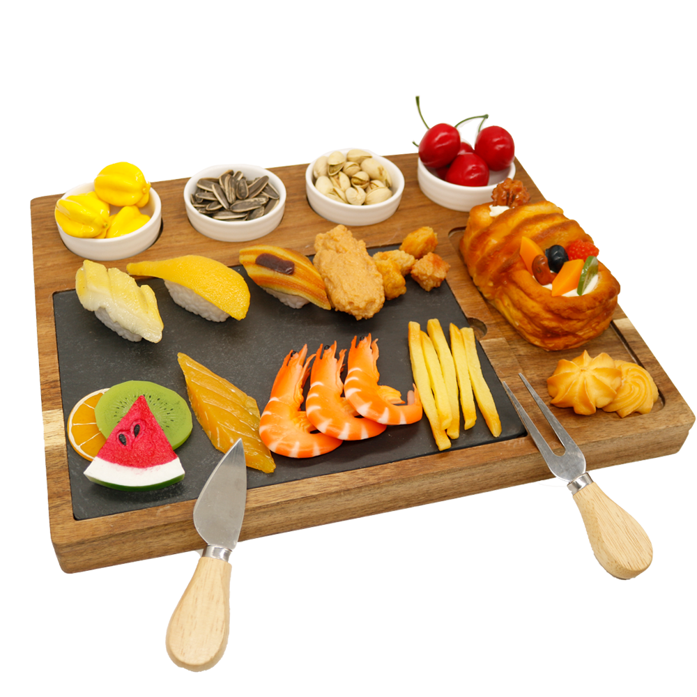 EU & US Solid Wood Unique Bamboo Cheese Board Charcuterie Platter Serving Tray Including 4 Stainless Steel Knife Thick Wooden Server