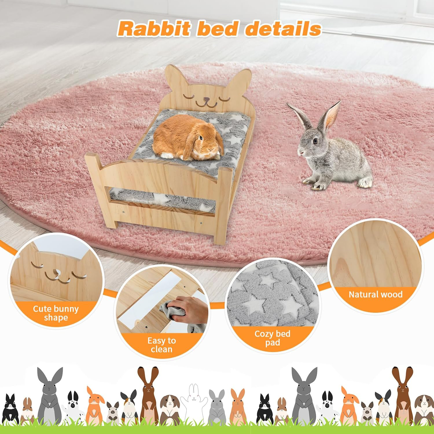 Detachable Small Animal Bed for Pets up to 5kg Bunny's Nest Crib for Cats and Dogs Wooden Bed