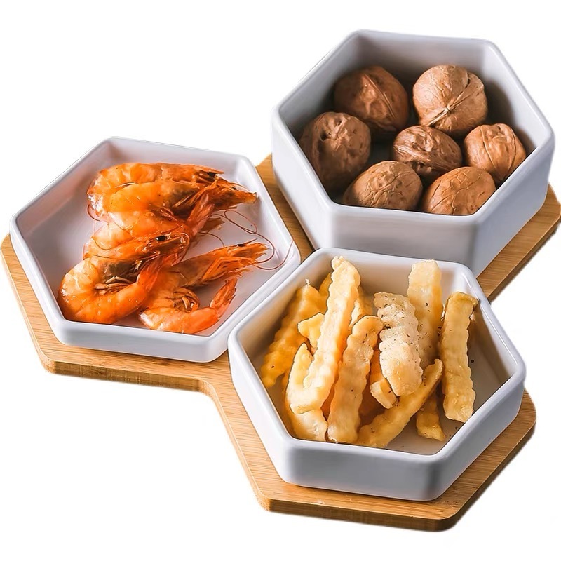 Wholesale kitchen with high quality Acacia Wooden Serving Plate with Round Bowls Melamine Snack Box