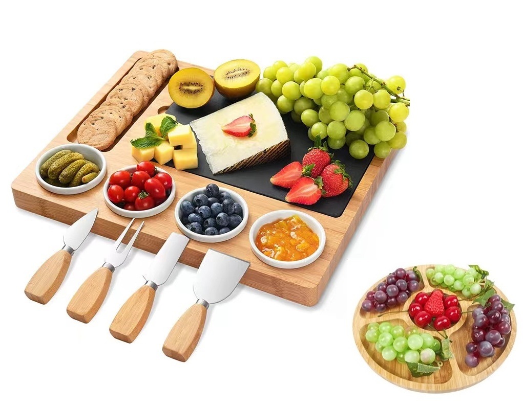 EU & US Solid Wood Unique Bamboo Cheese Board Charcuterie Platter Serving Tray Including 4 Stainless Steel Knife Thick Wooden Server