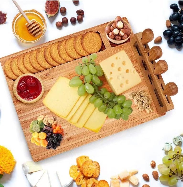 Acacia Wood Cheeses Board Cheese Tray Platter Servers with Magnetic Knife Holder Gift for House Warming Anniversary Christmas