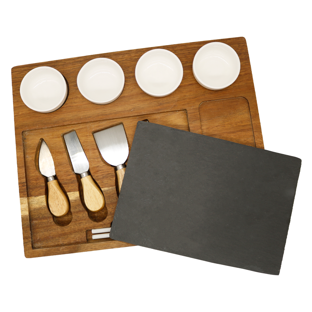 EU & US Solid Wood Unique Bamboo Cheese Board Charcuterie Platter Serving Tray Including 4 Stainless Steel Knife Thick Wooden Server