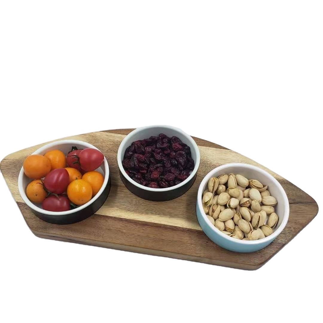 Wholesale kitchen with high quality Acacia Wooden Serving Plate with Round Bowls Melamine Snack Box