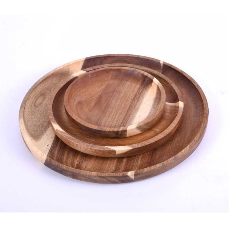 Natural Custom Acacia Bamboo Wooden Tray Platters Plate Dish Set For Serving