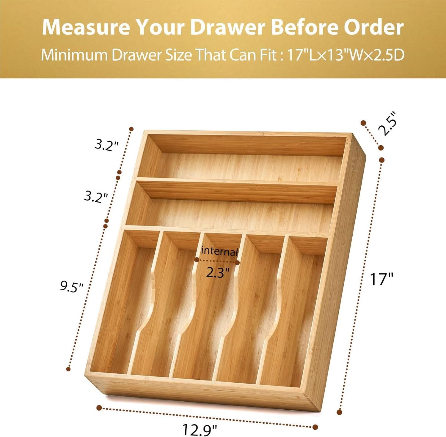 Extra Deep Grooved Bamboo Wood Caddy 7-Slot Sierware Utensil Tray Holder and Kitchen Drawer Organizer for Forks Knives Spoons