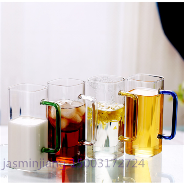 new arrival juice and milk square shape glass cup with colour handle