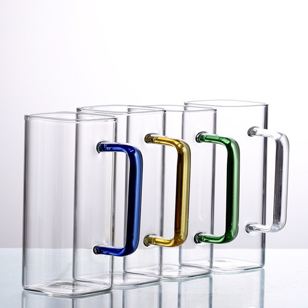 new arrival juice and milk square shape glass cup with colour handle