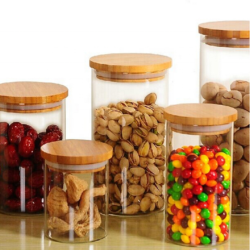 Heat resistant 2 4 6 8 oz candy foods rubber sealed wooden lid air tight storage containers glass jar with bamboo lid