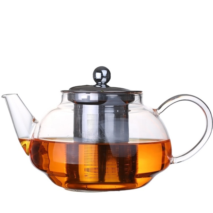 Hand blown Clear Round Glass Teapot With Stainless Steel Infuser