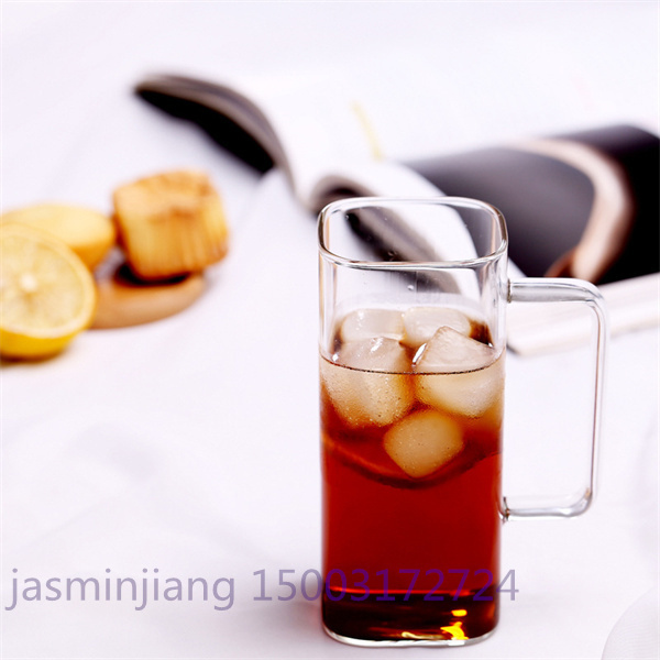 new arrival juice and milk square shape glass cup with colour handle