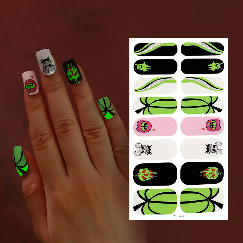 Glow in the dark self-adhesive Halloween luxury waterproof semi curing decal halloween nail stickers wrapped with UV