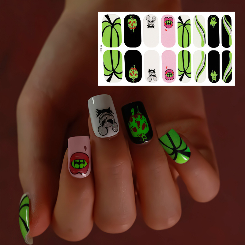 Glow in the dark self-adhesive Halloween luxury waterproof semi curing decal halloween nail stickers wrapped with UV