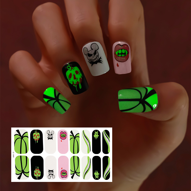 Glow in the dark self-adhesive Halloween luxury waterproof semi curing decal halloween nail stickers wrapped with UV