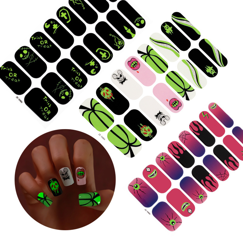 Glow in the dark self-adhesive Halloween luxury waterproof semi curing decal halloween nail stickers wrapped with UV