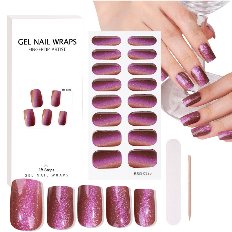 16pcs Real UV Gel Nail Polish Adhesive Semi-Cured Full Nail Wraps Strips with UV Lamp Real Gel Nail Stickers & Decals