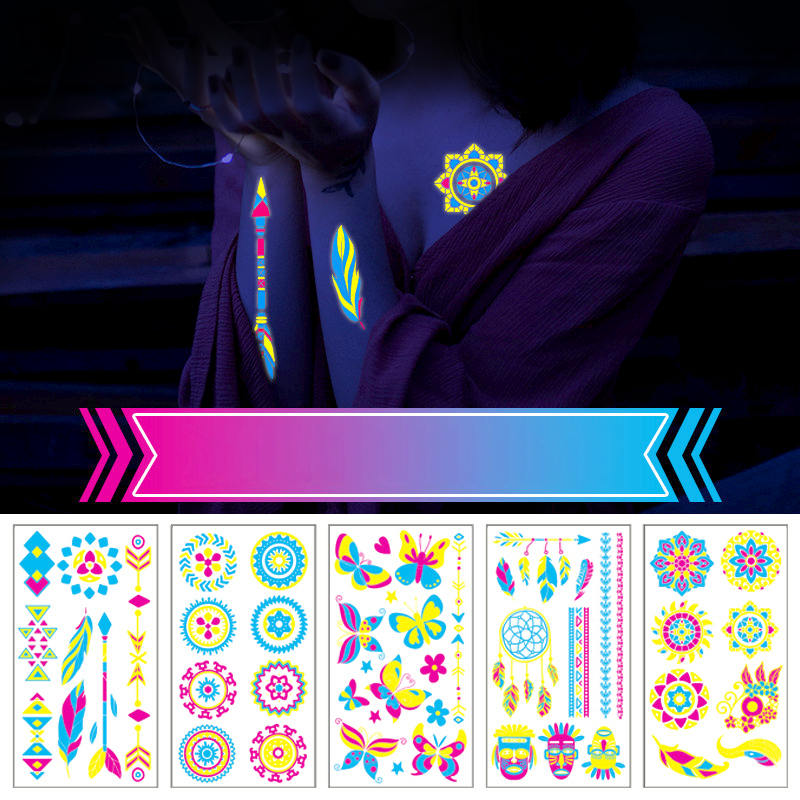 Unisex UV neon tattoos butterfly tattoo stickers LED light glow 3D butterfly flower heart tattoo sticker