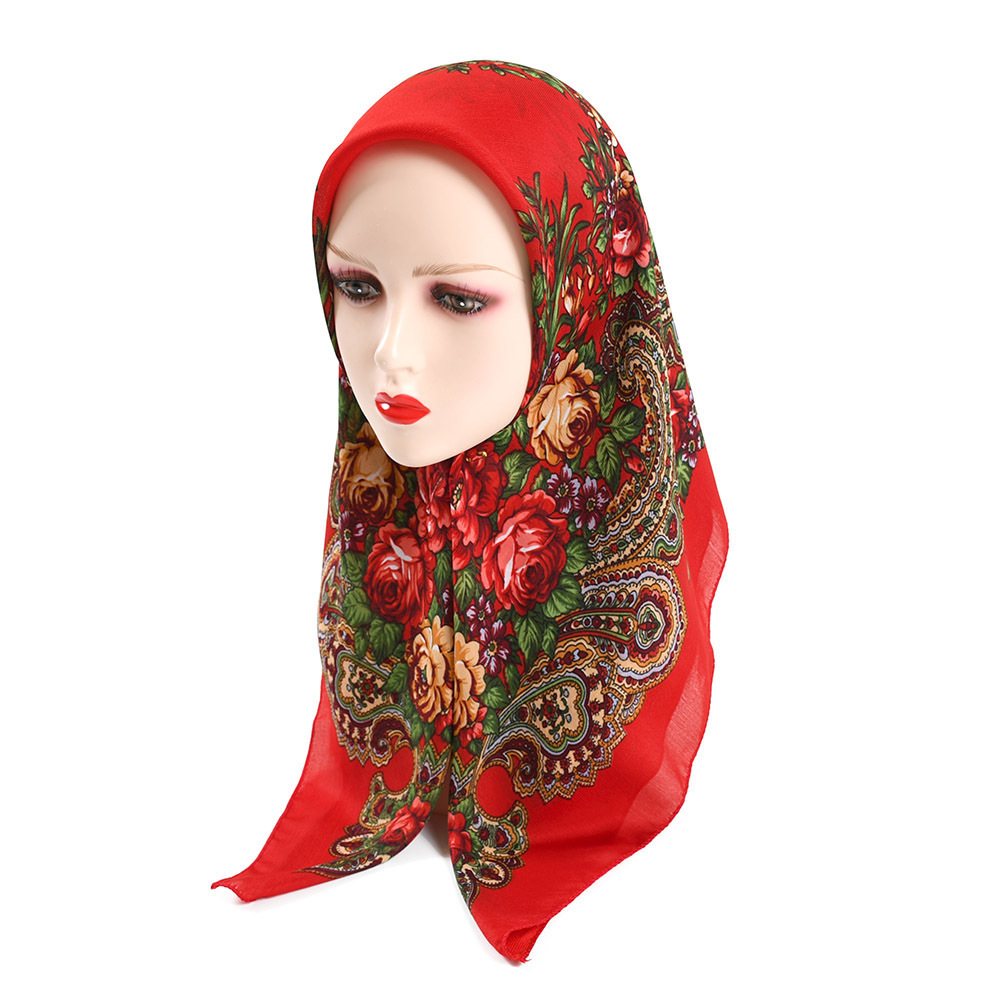 80cm Cashew Retro Muslim Bandana Kerchief Russian Scarf Ethnic Pareo Slavic Headscarf Floral Ukrainian Women Hair Wrap Hijab