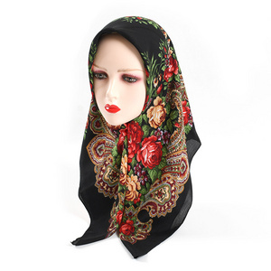 80cm Cashew Retro Muslim Bandana Kerchief Russian Scarf Ethnic Pareo Slavic Headscarf Floral Ukrainian Women Hair Wrap Hijab