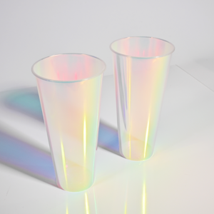 Thick Rainbow In-mold Holographic Cups Injection Clear Cold Boba Bubble Cups With Laser Film Disposable Plastic Cups