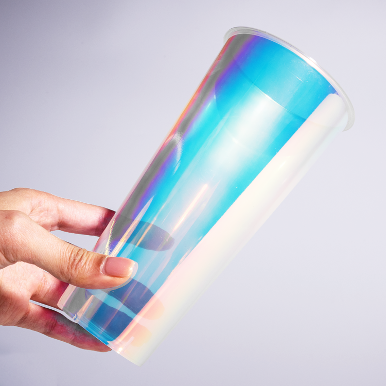 Thick Rainbow In-mold Holographic Cups Injection Clear Cold Boba Bubble Cups With Laser Film Disposable Plastic Cups