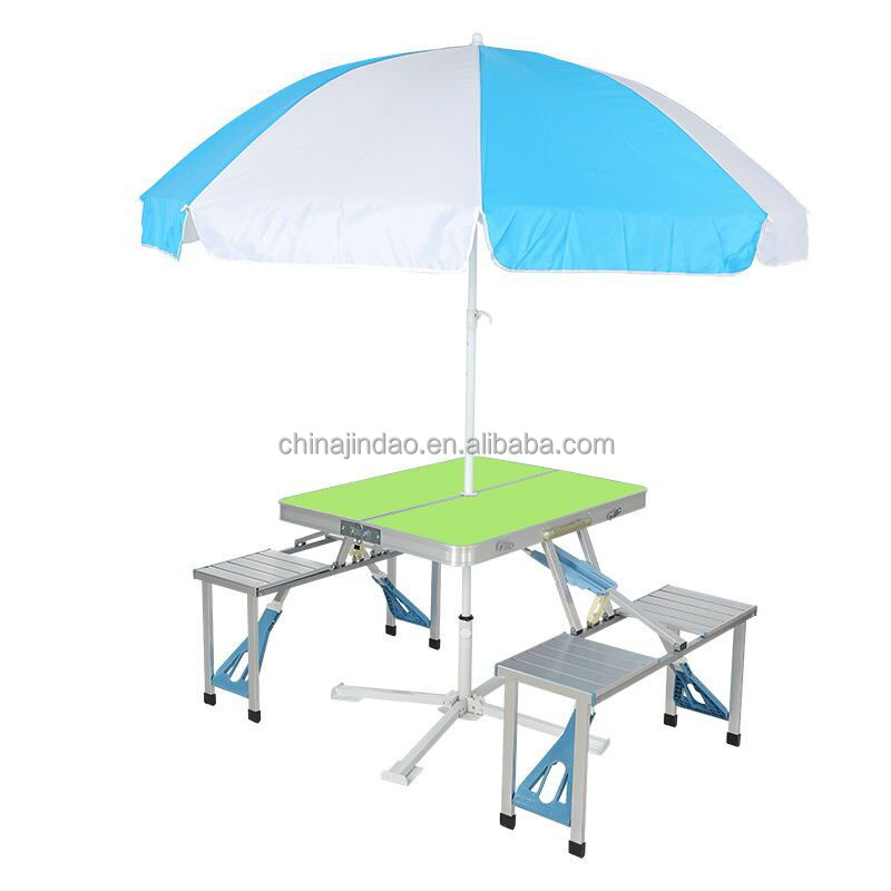 4 Seats Table Picnic Table Bench Set Camping Portable Aluminum Patio Lawn Garden Folding Table with Umbrella Hole Outdoor Metal