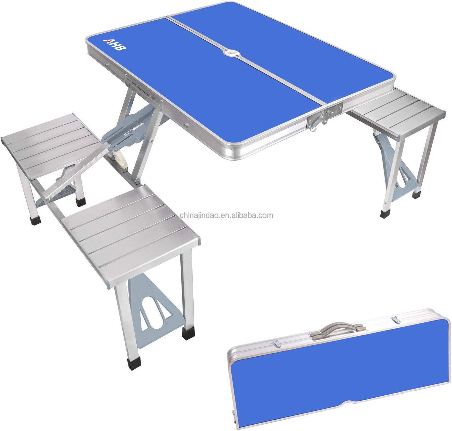 Outdoor Portable Foldable tailgate table with Four Chairs and Umbrella Hole Camping Picnic Table Set