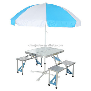 4 Seats Table Picnic Table Bench Set Camping Portable Aluminum Patio Lawn Garden Folding Table with Umbrella Hole Outdoor Metal