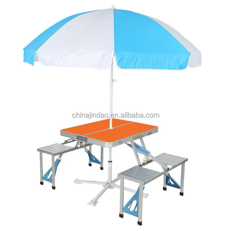 4 Seats Table Picnic Table Bench Set Camping Portable Aluminum Patio Lawn Garden Folding Table with Umbrella Hole Outdoor Metal