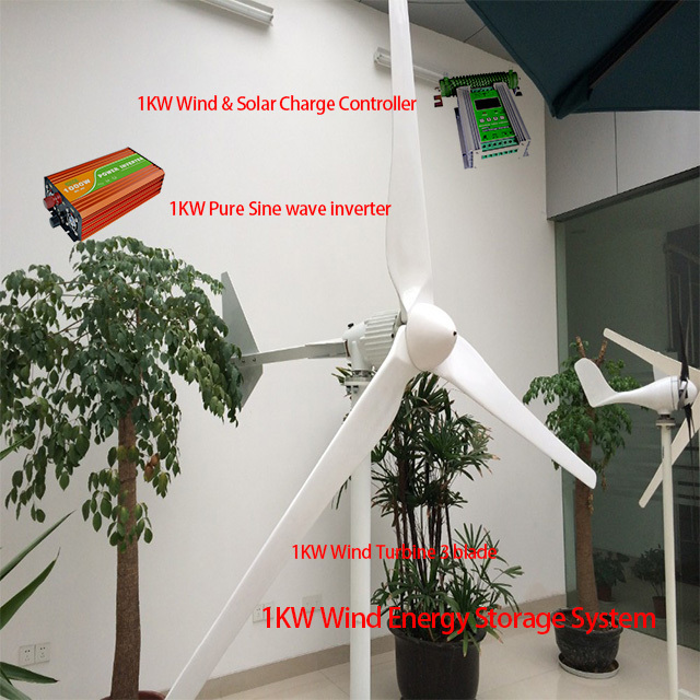 1000W 3 Blades  Vertical Wind Turbines/ Permanent Magnet Generator with 1KW Wind Charge Controller and  Pure Sine wave Inverter