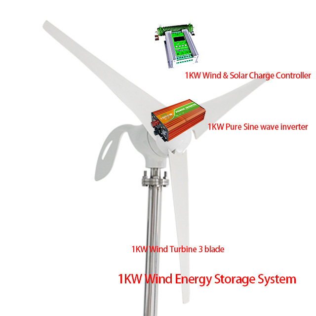 1000W 3 Blades  Vertical Wind Turbines/ Permanent Magnet Generator with 1KW Wind Charge Controller and  Pure Sine wave Inverter