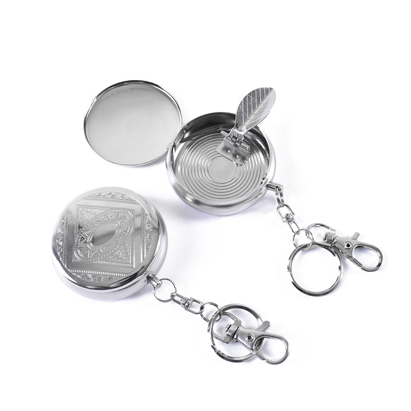 hot sale luxury silver stainless steel round herb ashtray with metal lid pocket keychain portable mini ashtray