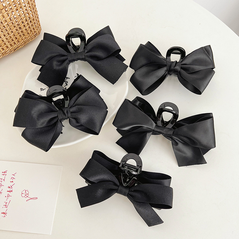 GEERDENG 2023 Wholesale New Fashion Double Sided Butterfly Hair Claw Clasp Black Satin Silk Shark Hair Bow Clips For Lady Women