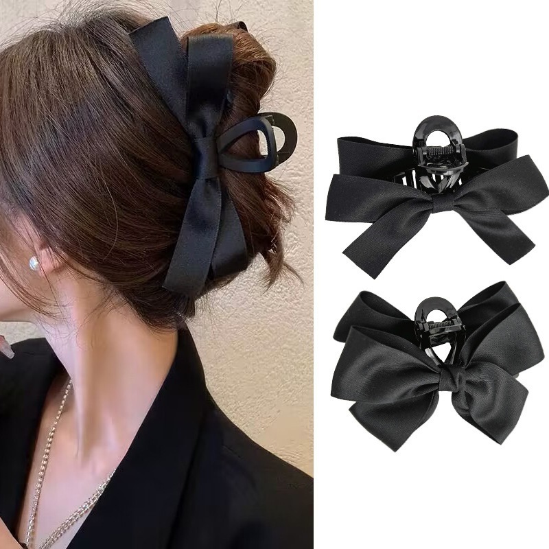 GEERDENG 2023 Wholesale New Fashion Double Sided Butterfly Hair Claw Clasp Black Satin Silk Shark Hair Bow Clips For Lady Women