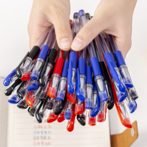 custom logo school cheap plastic transparent 0.5mm color blue black red gel pen