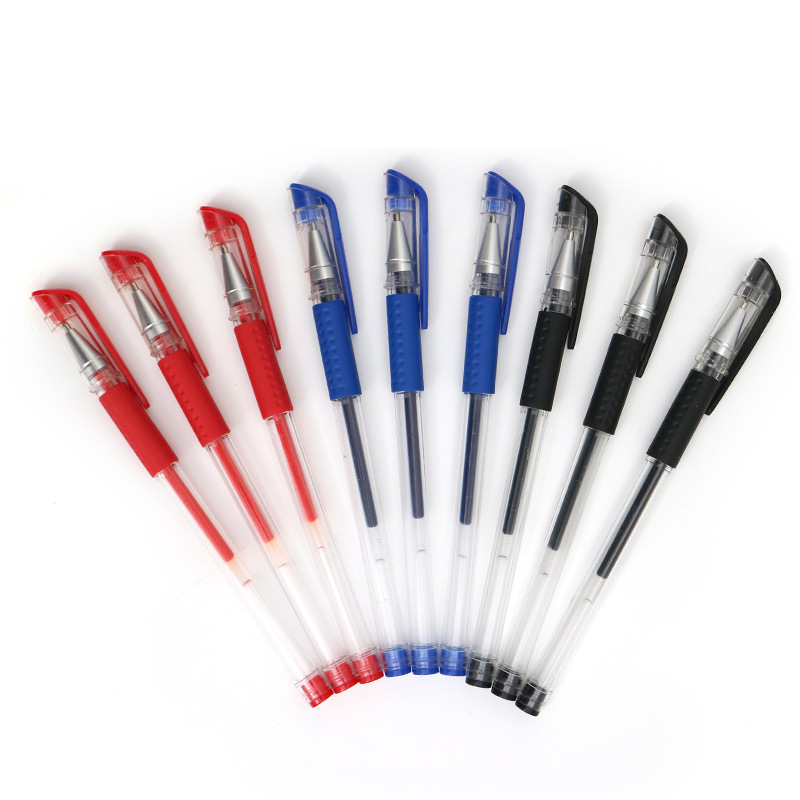 custom logo school cheap plastic transparent 0.5mm color blue black red gel pen