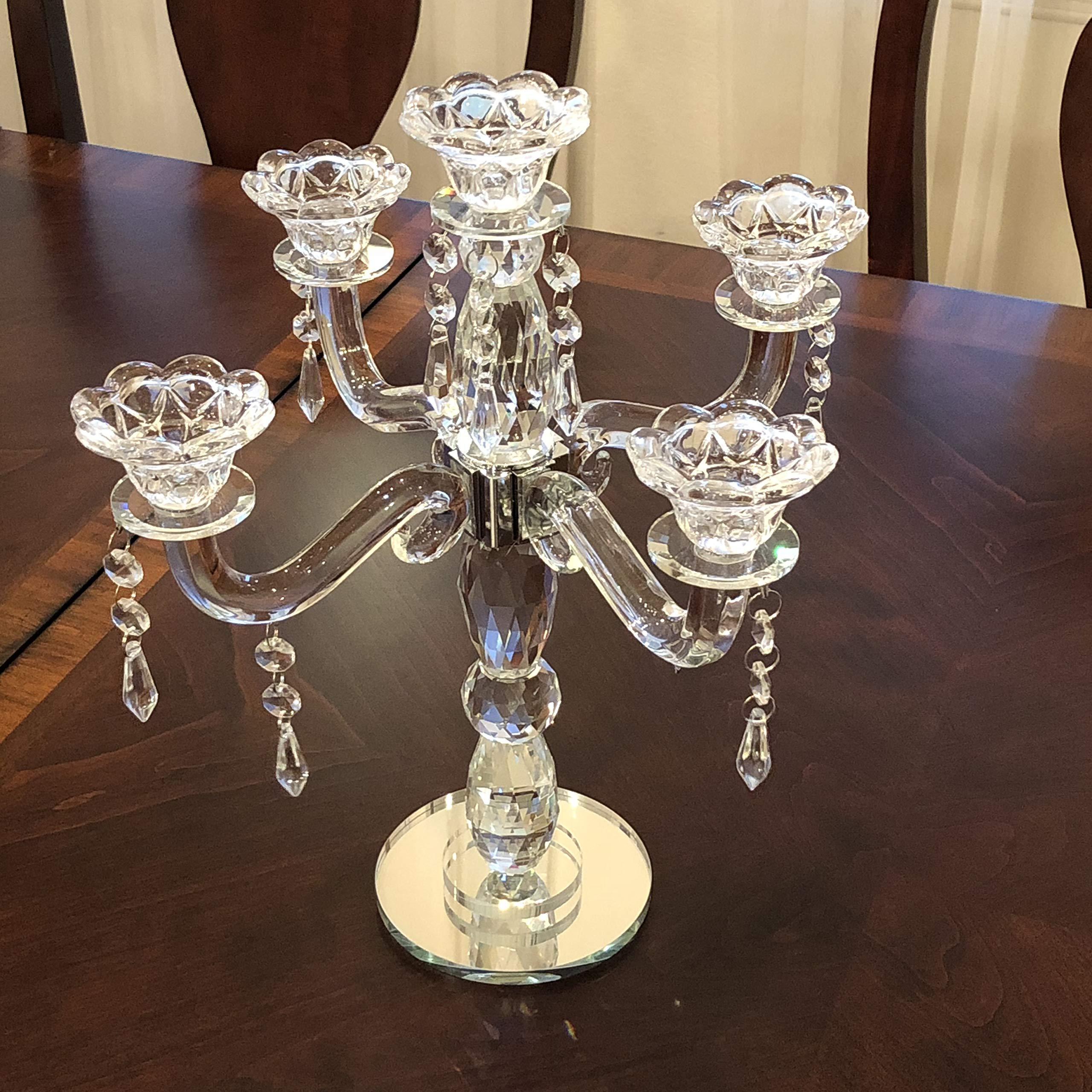 JY  Premium Quality Wedding Table Decoration Glass Candle Candlestick 5 Arms Holders Candlestick Crystal Table Candelabra