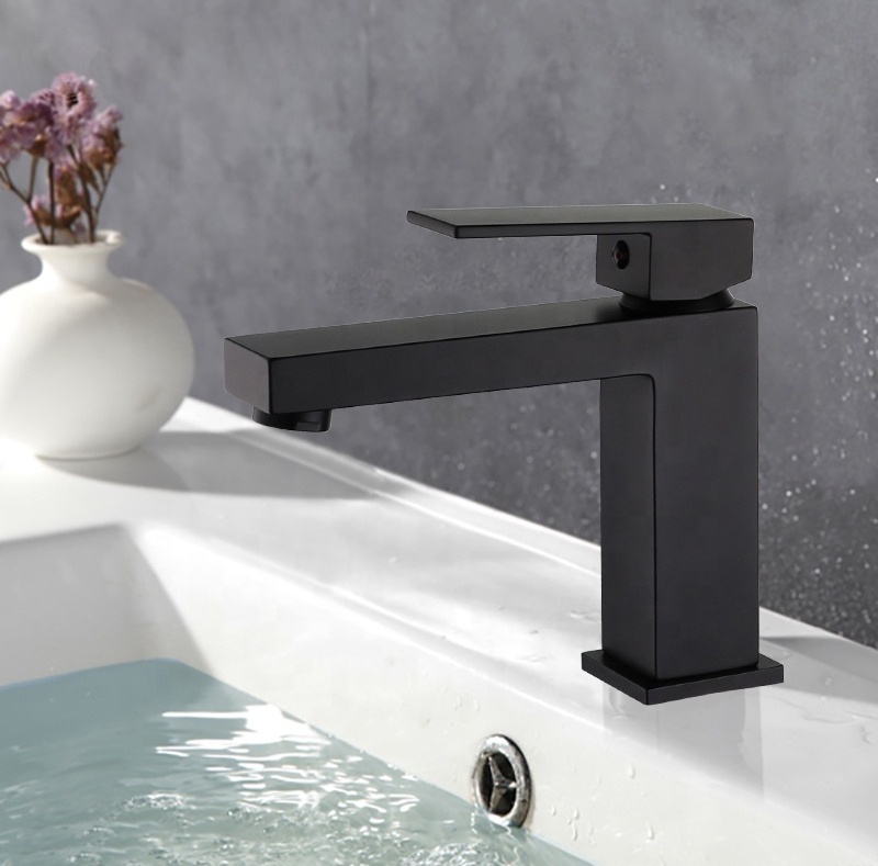 Brass Basin Faucet Single Handle Deck Mounted Matte Black Bathroom Square Basin Faucet